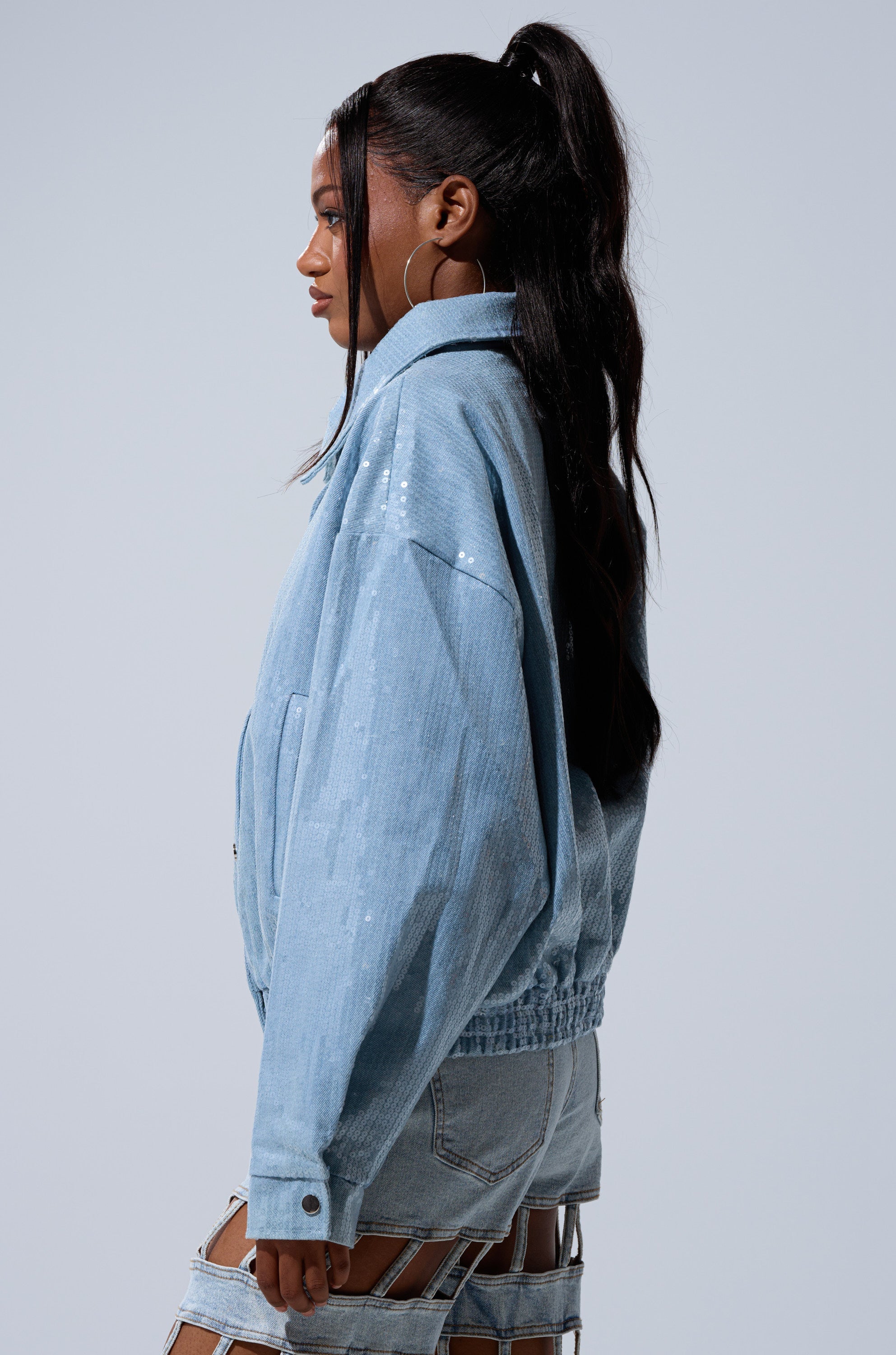 SEQUIN OVERLAY DENIM BOMBER