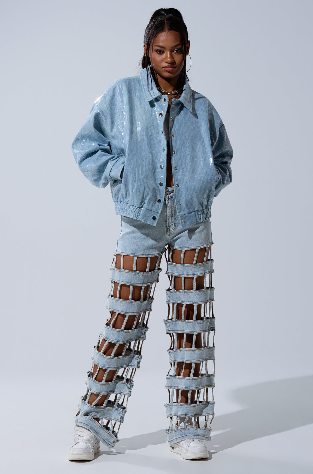 SEQUIN OVERLAY DENIM BOMBER