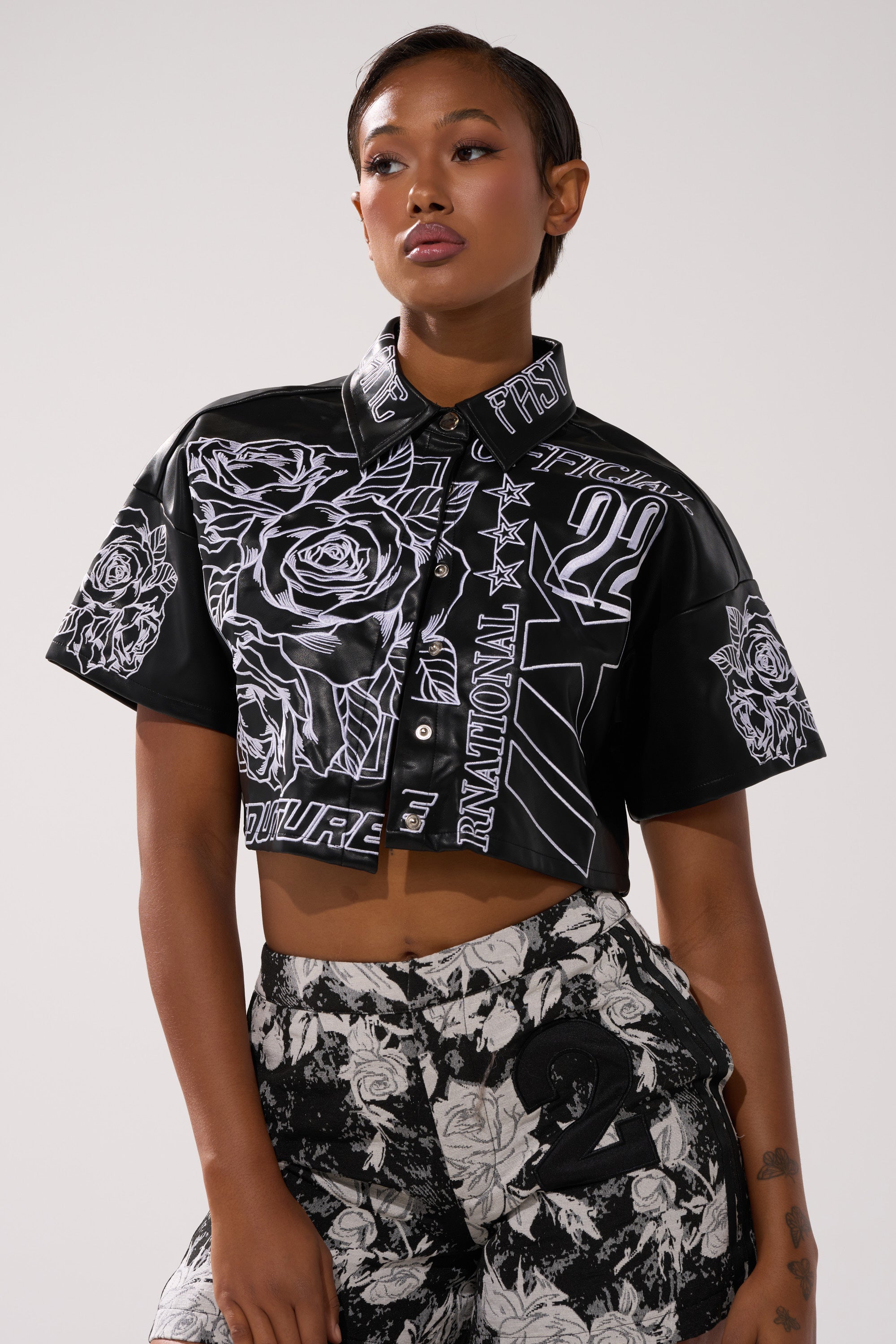 MAKE IT OFFICIAL FAUX LEATHER BUTTON DOWN IN BLACK