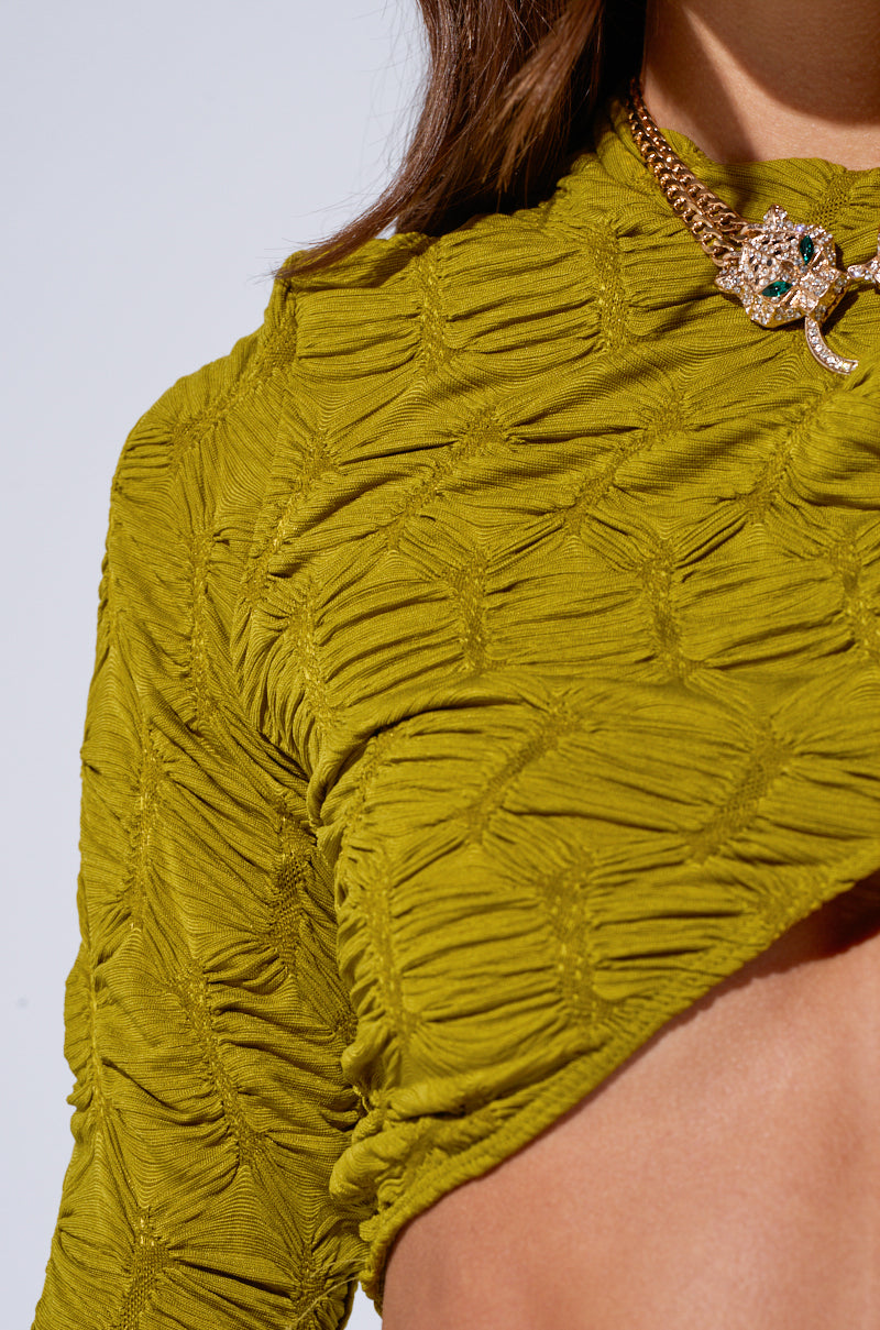MAYBE NEXT TIME RUCHED LONG SLEEVE TOP IN OLIVE