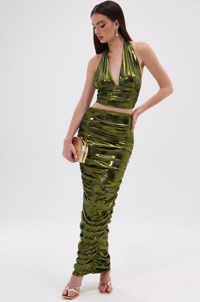 TAYLOR METALLIC HALTER TOP IN GREEN