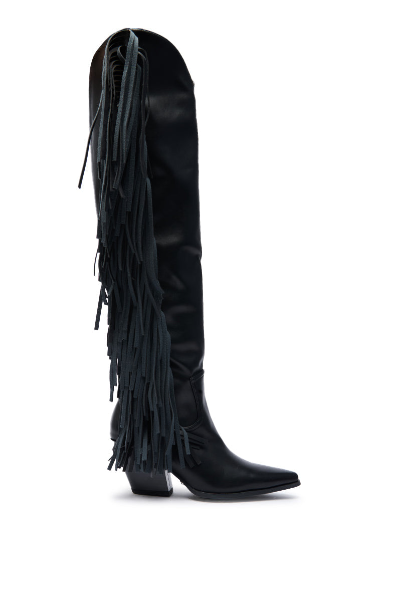 AZALEA WANG SZYMON BLACK WESTERN BOOT WITH FRINGE DETAILING