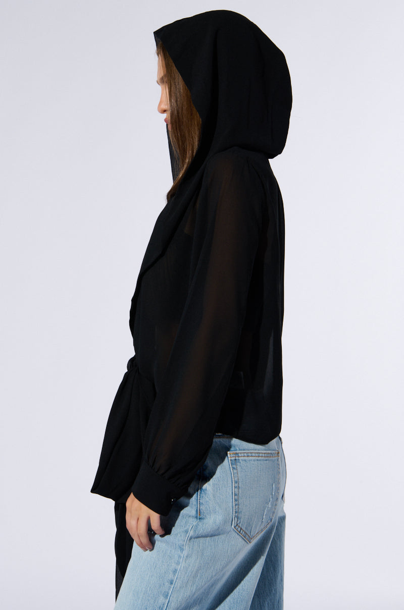 MARGO TIE FRONT BLOUSE WITH HOOD IN BLACK