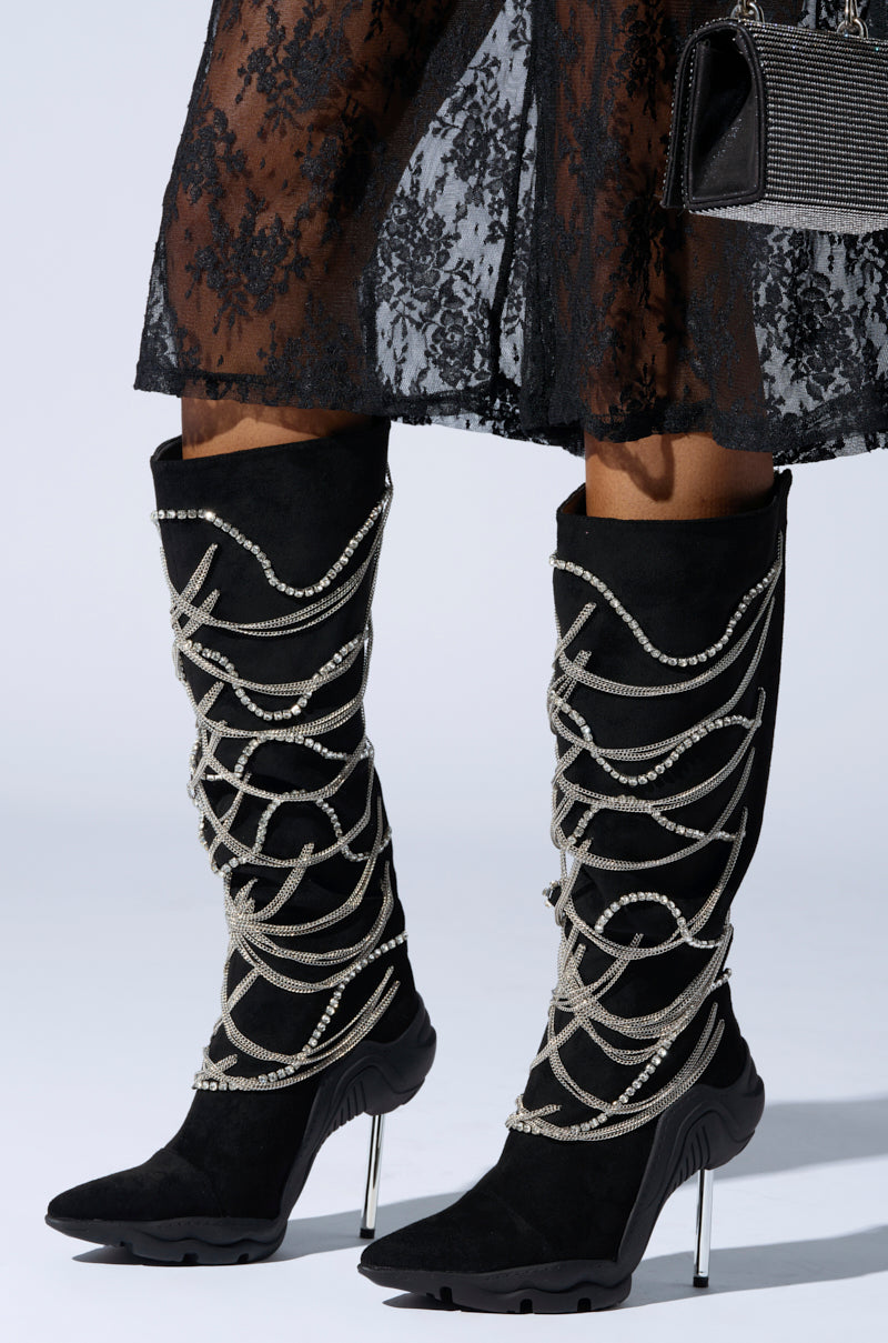 AZALEA WANG TATY BLACK CHAIN EMBELLISHED BOOT