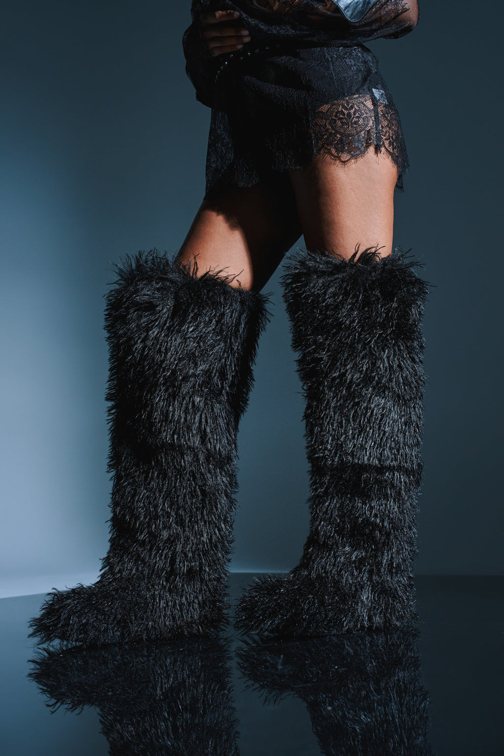 AZALEA WANG TEMPLETON BLACK POODLE FAUX FUR OVER THE KNEE BOOT