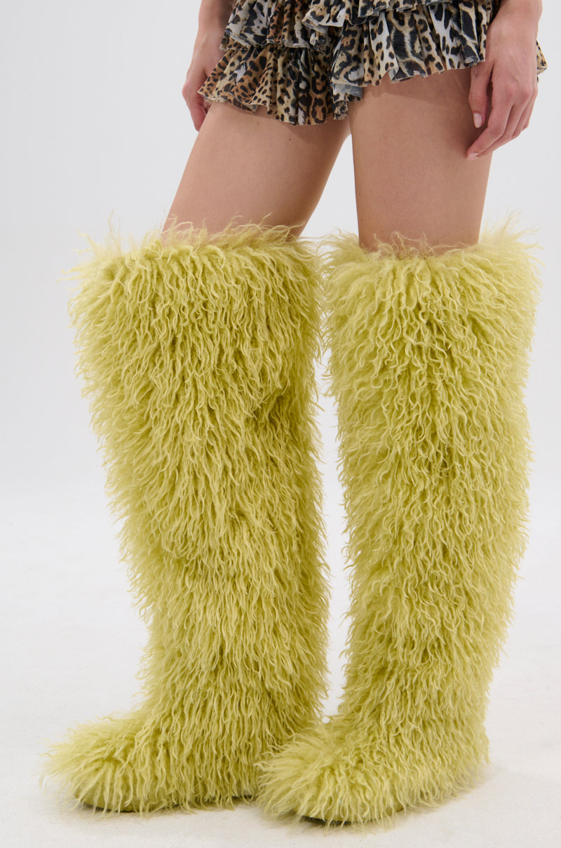 AZALEA WANG TEMPLETON LIME FAUX POODLE FUR OVER THE KNEE BOOT