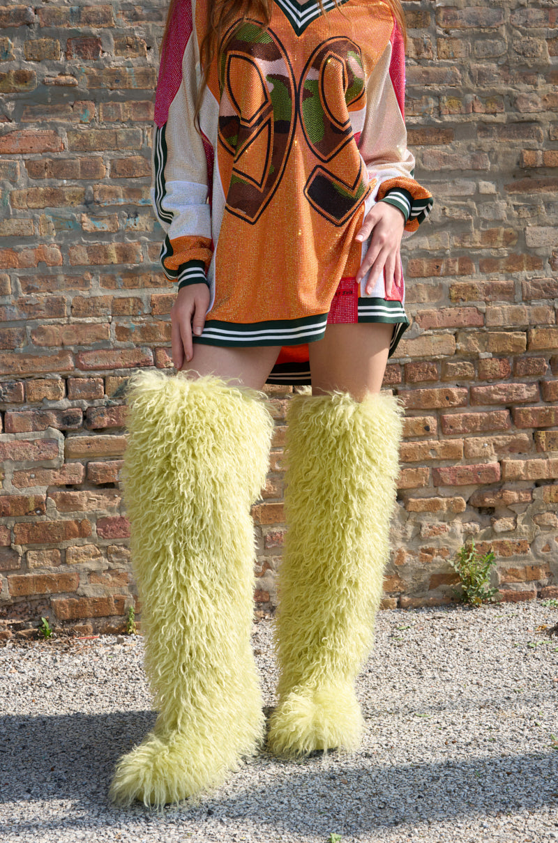 AZALEA WANG TEMPLETON LIME FAUX POODLE FUR OVER THE KNEE BOOT