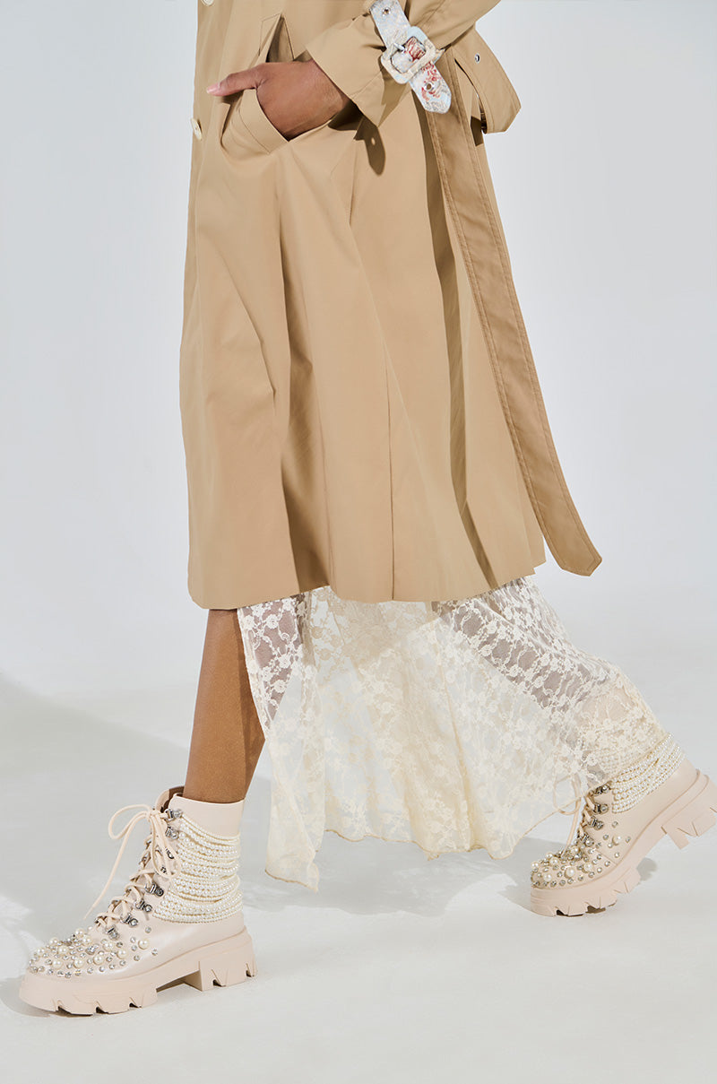 AZALEA WANG TWINKLEY BONE PEARL EMBELLISHED COMBAT BOOTIE