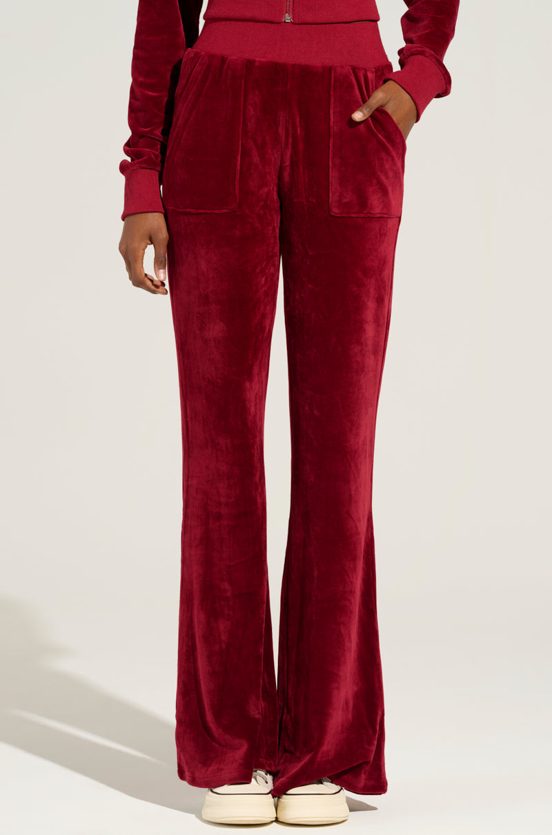 VELOUR GALORE FLARED  LEG JOGGER IN BURGUNDY