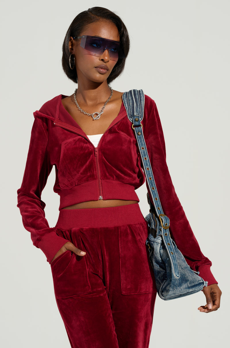 VELOUR GALORE FITTED ZIP UP IN BURGUNDY