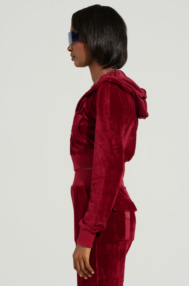 VELOUR GALORE FITTED ZIP UP IN BURGUNDY
