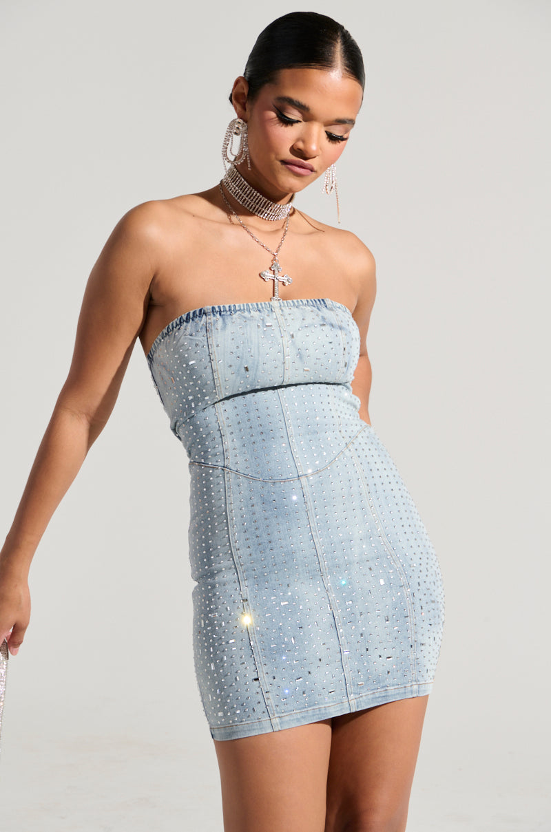 JUST WANNA ROCK DENIM RHINESTONE MINI DRESS