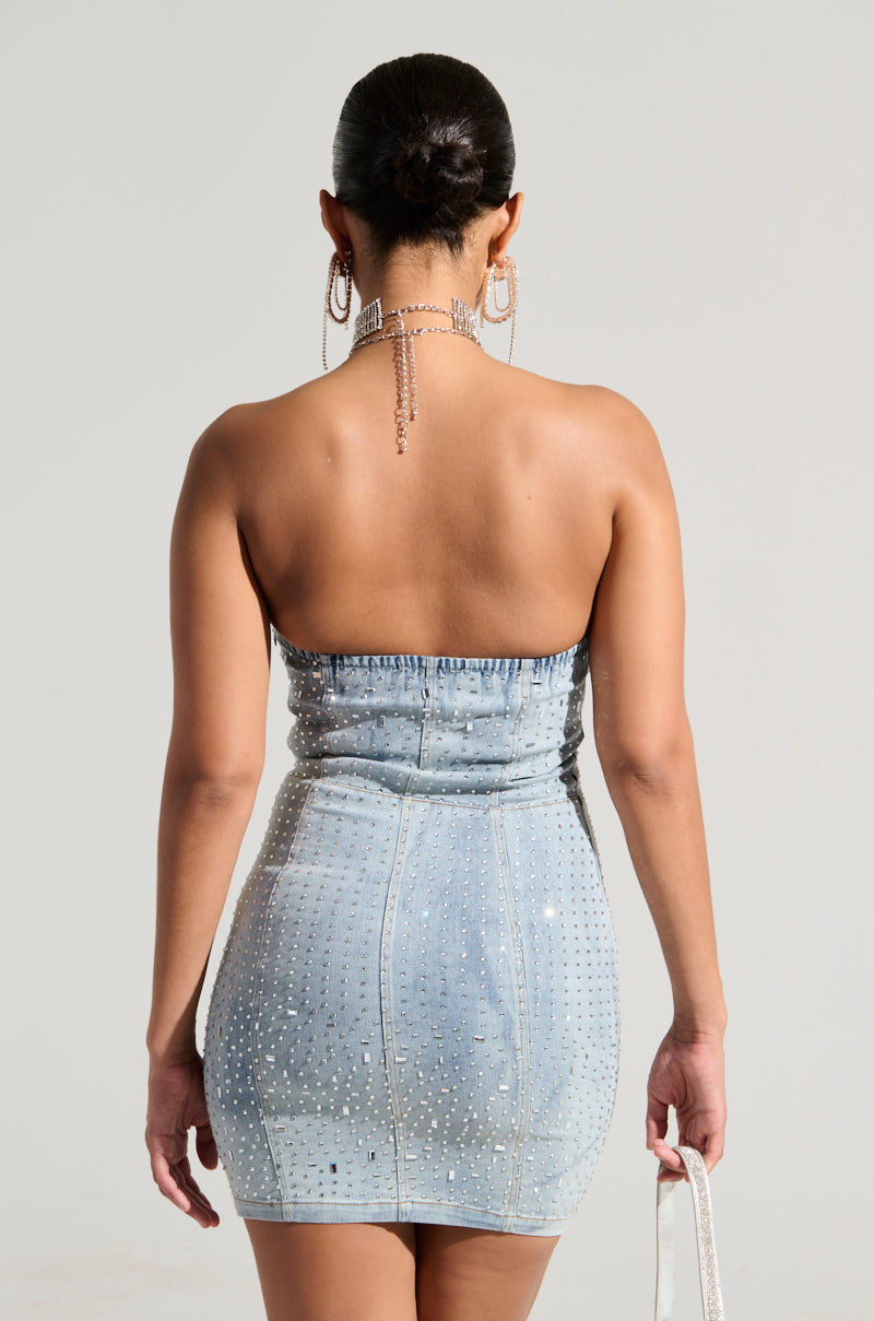 JUST WANNA ROCK DENIM RHINESTONE MINI DRESS
