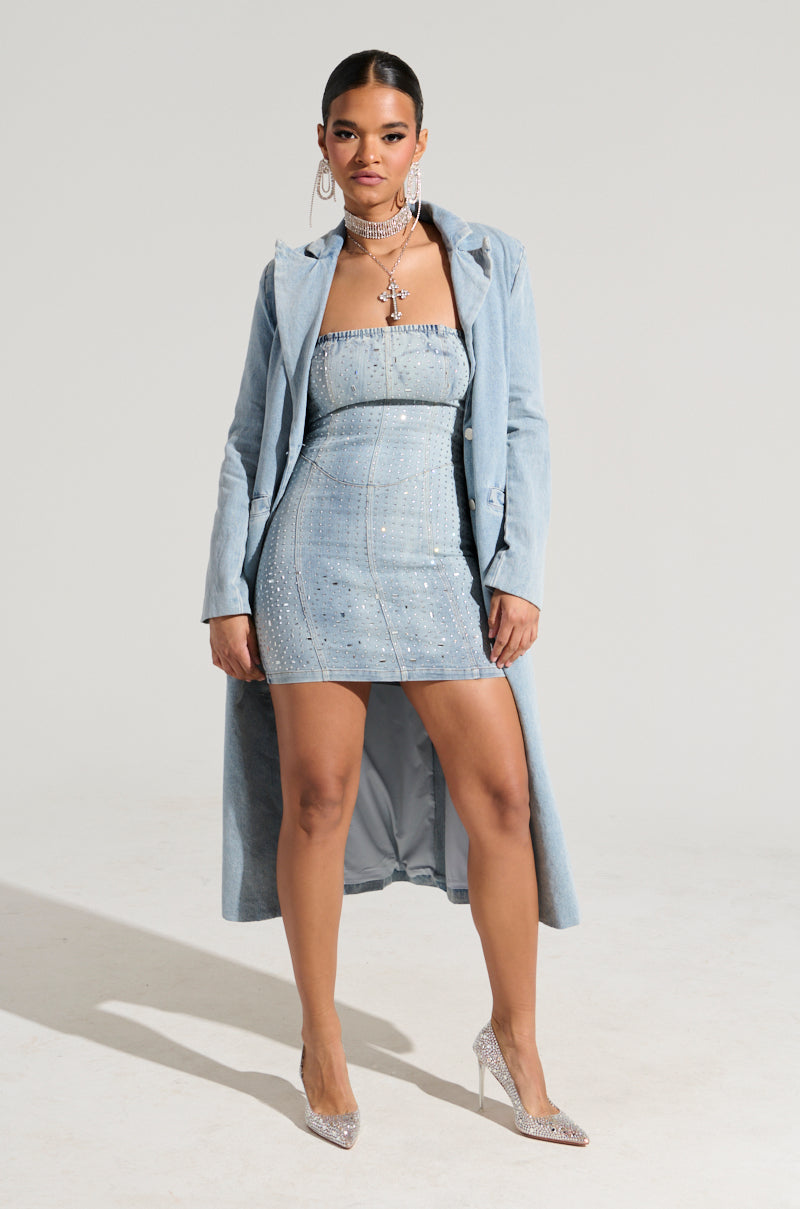 JUST WANNA ROCK DENIM RHINESTONE MINI DRESS