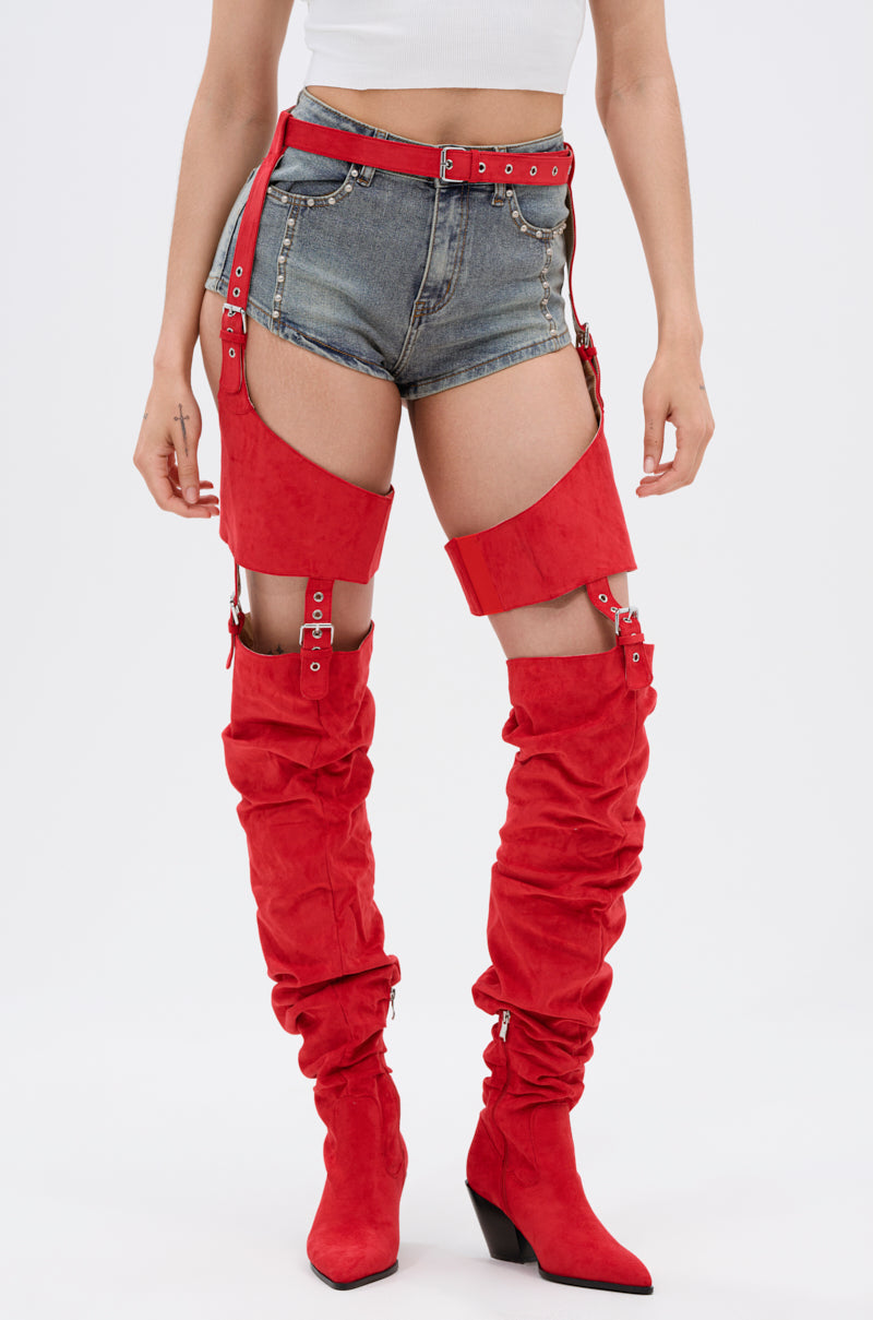 AZALEA WANG XOMARIA RED FAUX SUEDE WESTERN CHAP BOOT