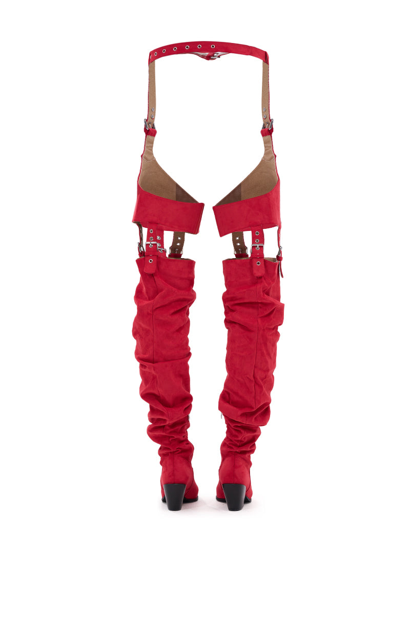 AZALEA WANG XOMARIA RED FAUX SUEDE WESTERN CHAP BOOT