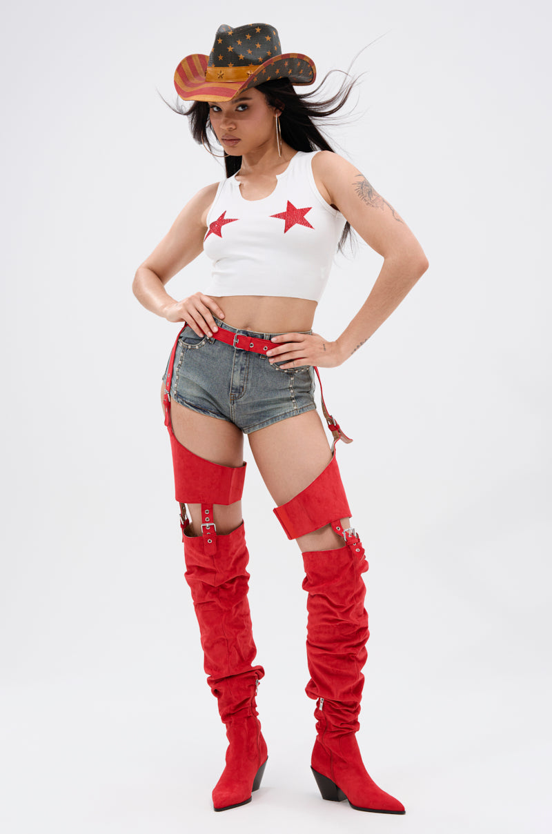 AZALEA WANG XOMARIA RED FAUX SUEDE WESTERN CHAP BOOT