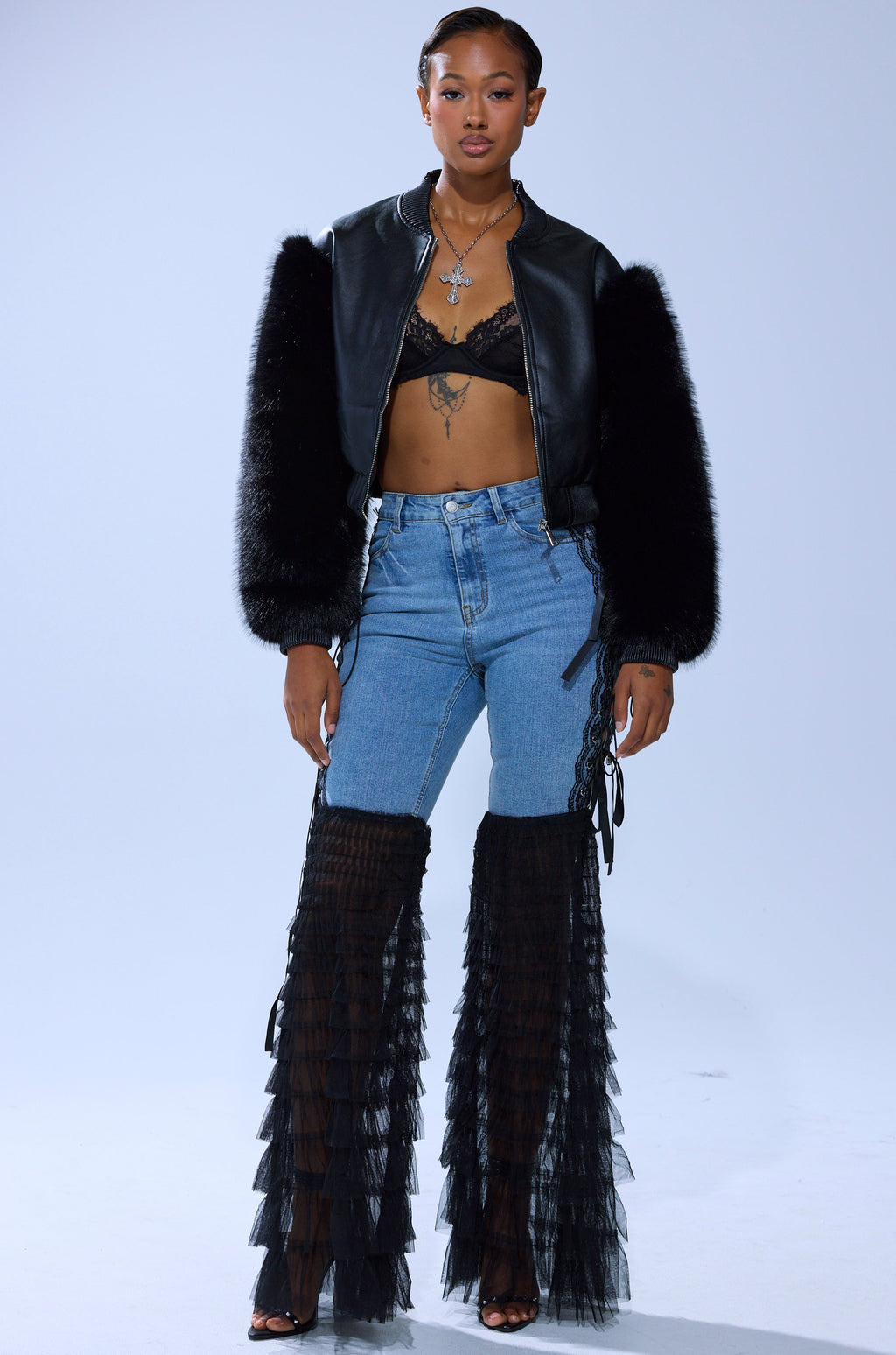 SO GOOD IT HURTS FUR SLEEVE BOMBER IN BLACK