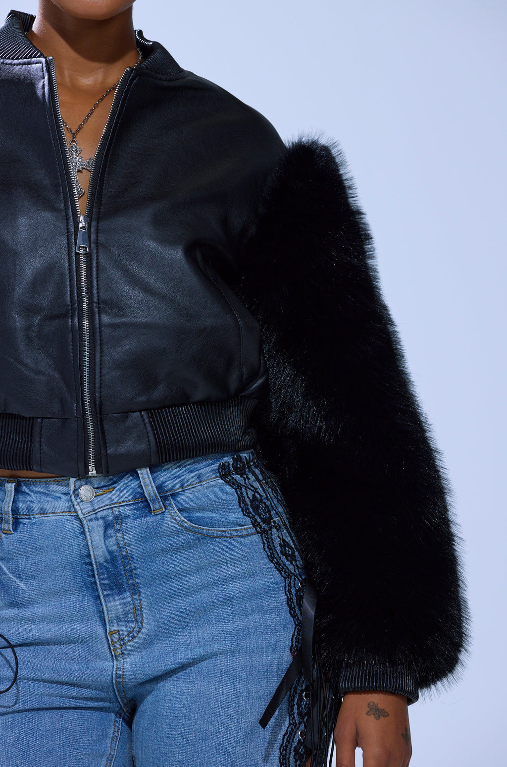 SO GOOD IT HURTS FUR SLEEVE BOMBER IN BLACK