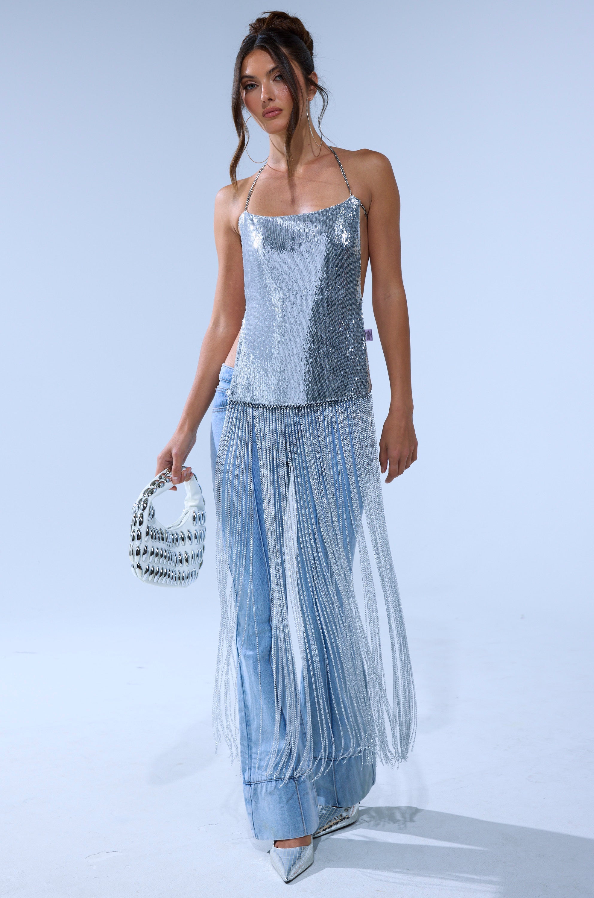 ONLY THINK ABOUT YOU SILVER RHINESTONE FRINGE TOP