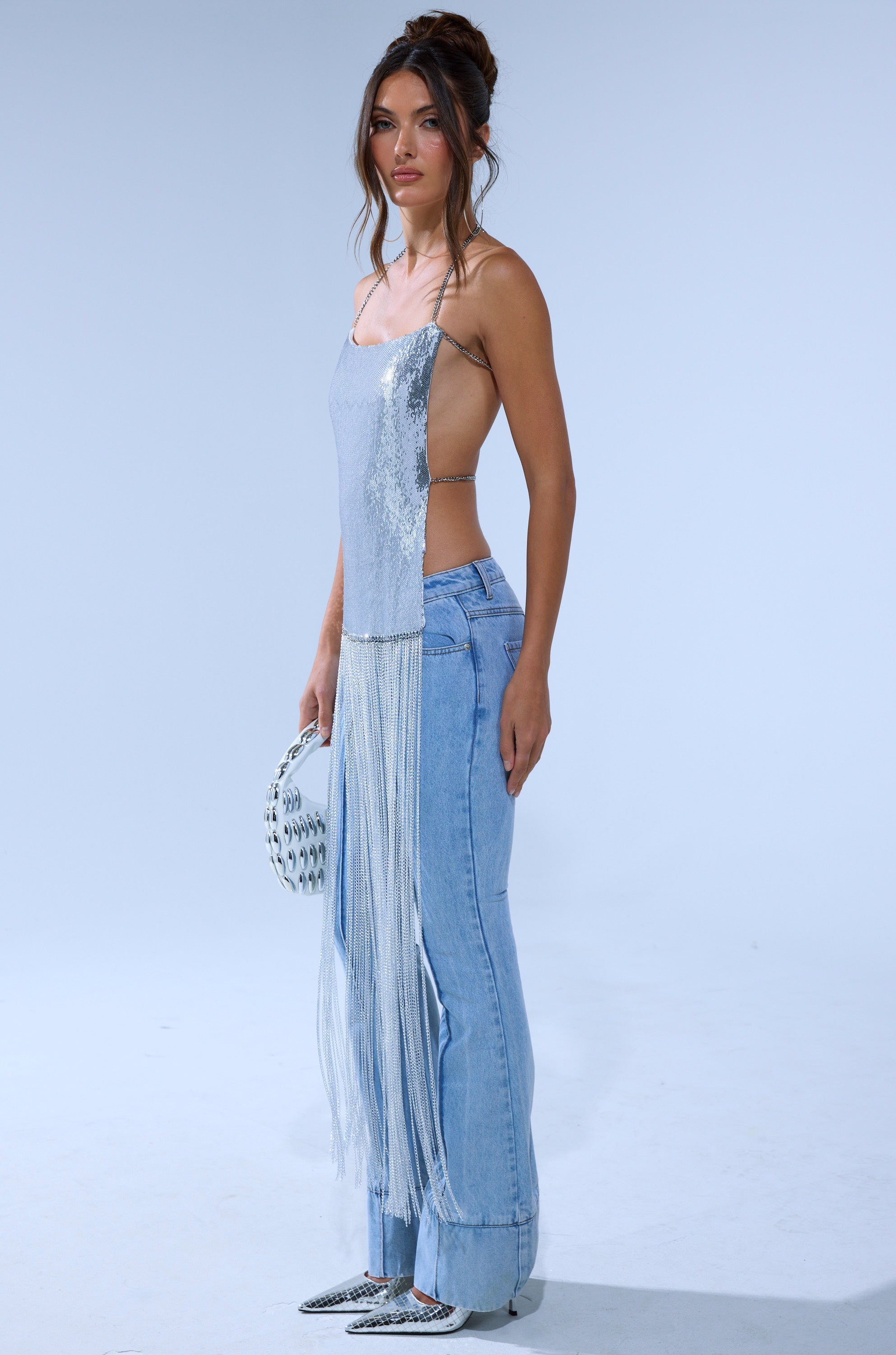 ONLY THINK ABOUT YOU SILVER RHINESTONE FRINGE TOP