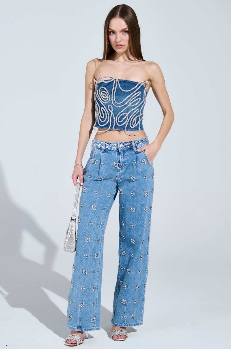 WOBBLY RHINESTONE DENIM CORSET TOP