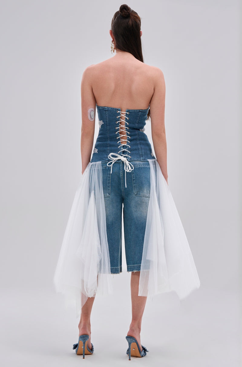 NO DRAMA STRETCH DENIM LACE DETAILED CORSET