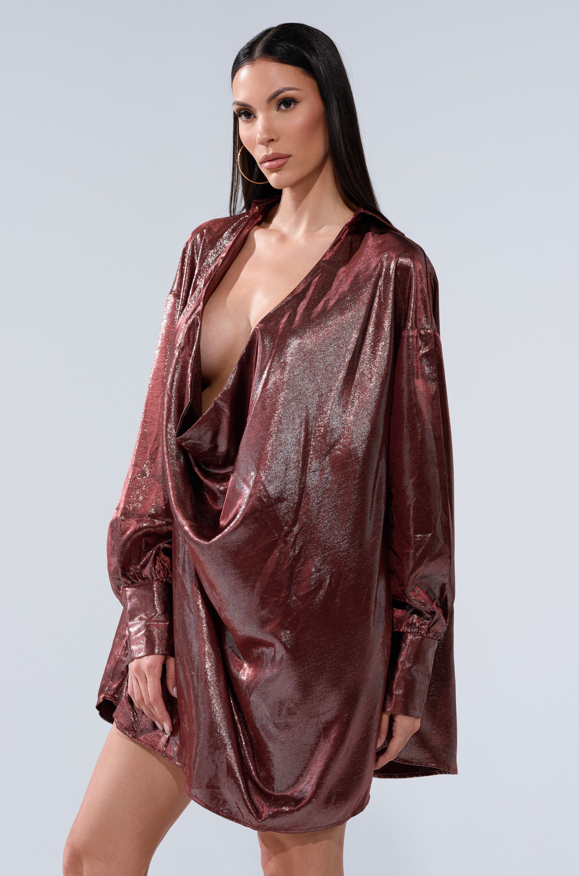 LENNON PLUNGING SATIN SHIRT DRESS