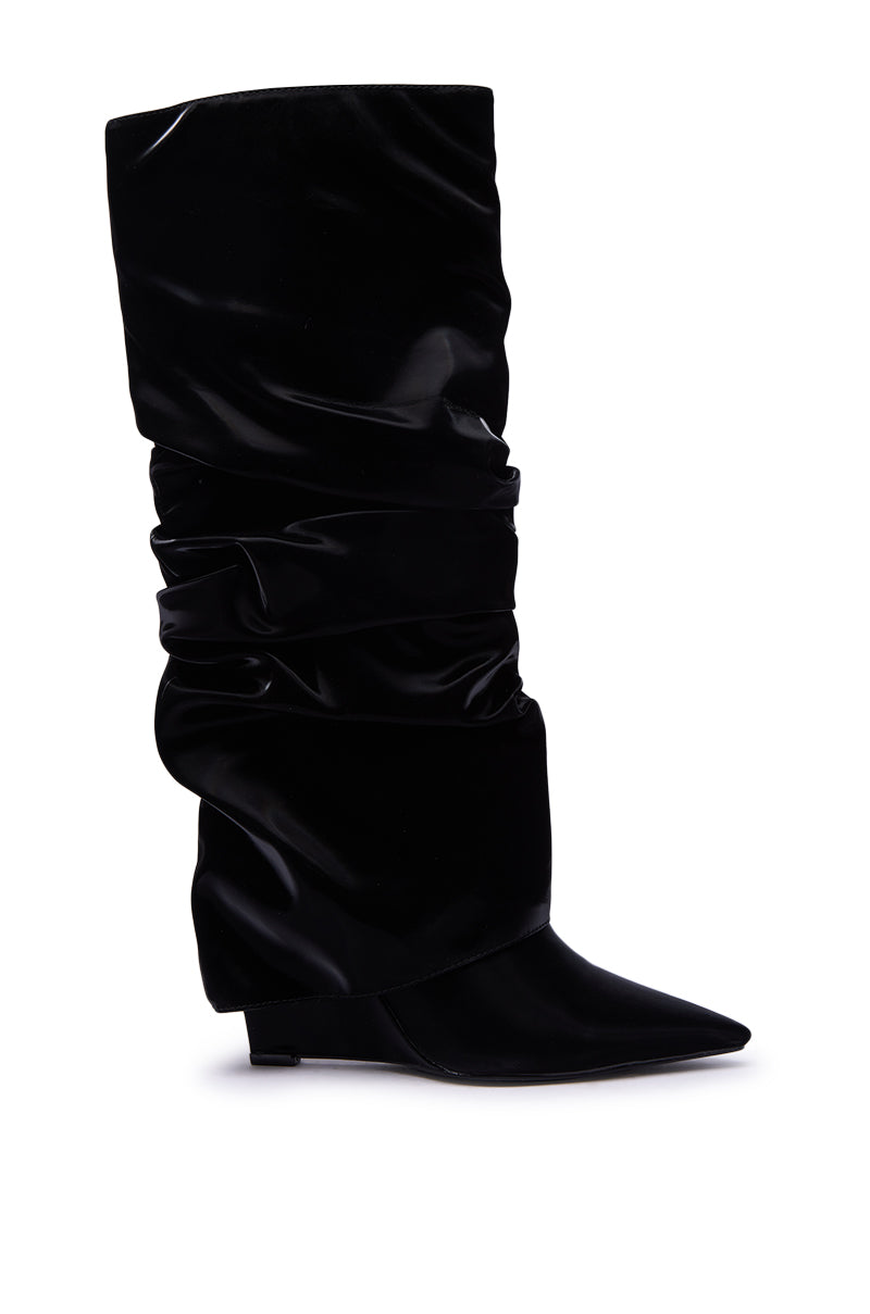 AZALEA WANG ZYLLA BLACK PATENT WEDGE RUCHED BOOT