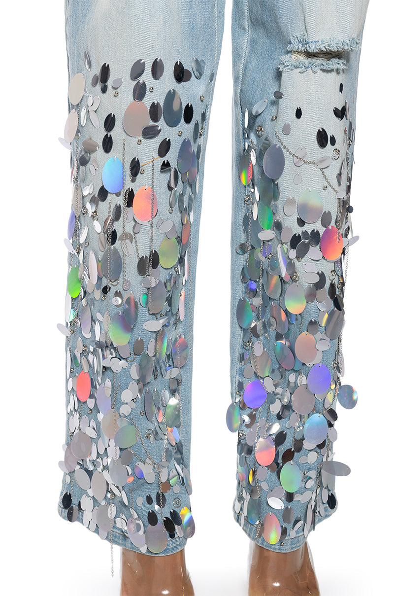 A GIRL NAMED LUCKY EMBELLISHED WIDE LEG RIPPED JEANS