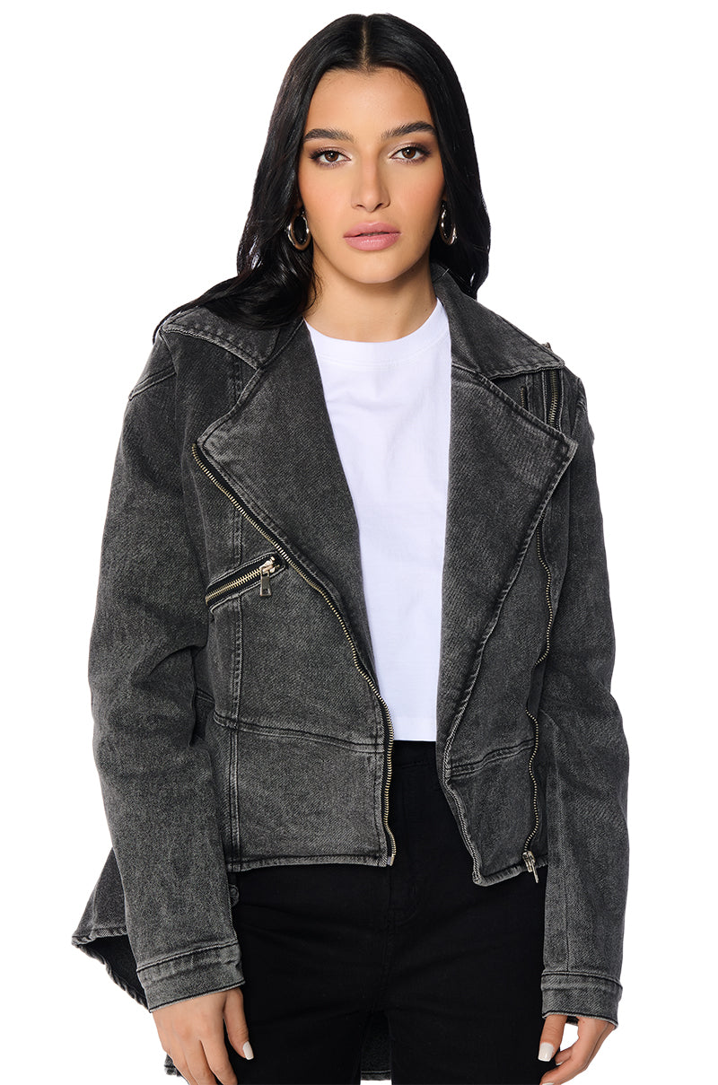 ABOUT THAT TIME DENIM PEPLUM MOTO JACKET