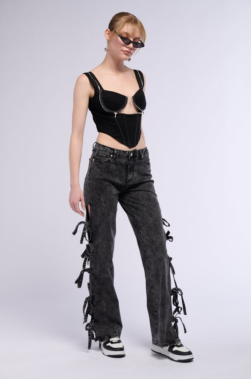 ACID WASH TIE UP SIDES STRAIGHT LEG JEAN