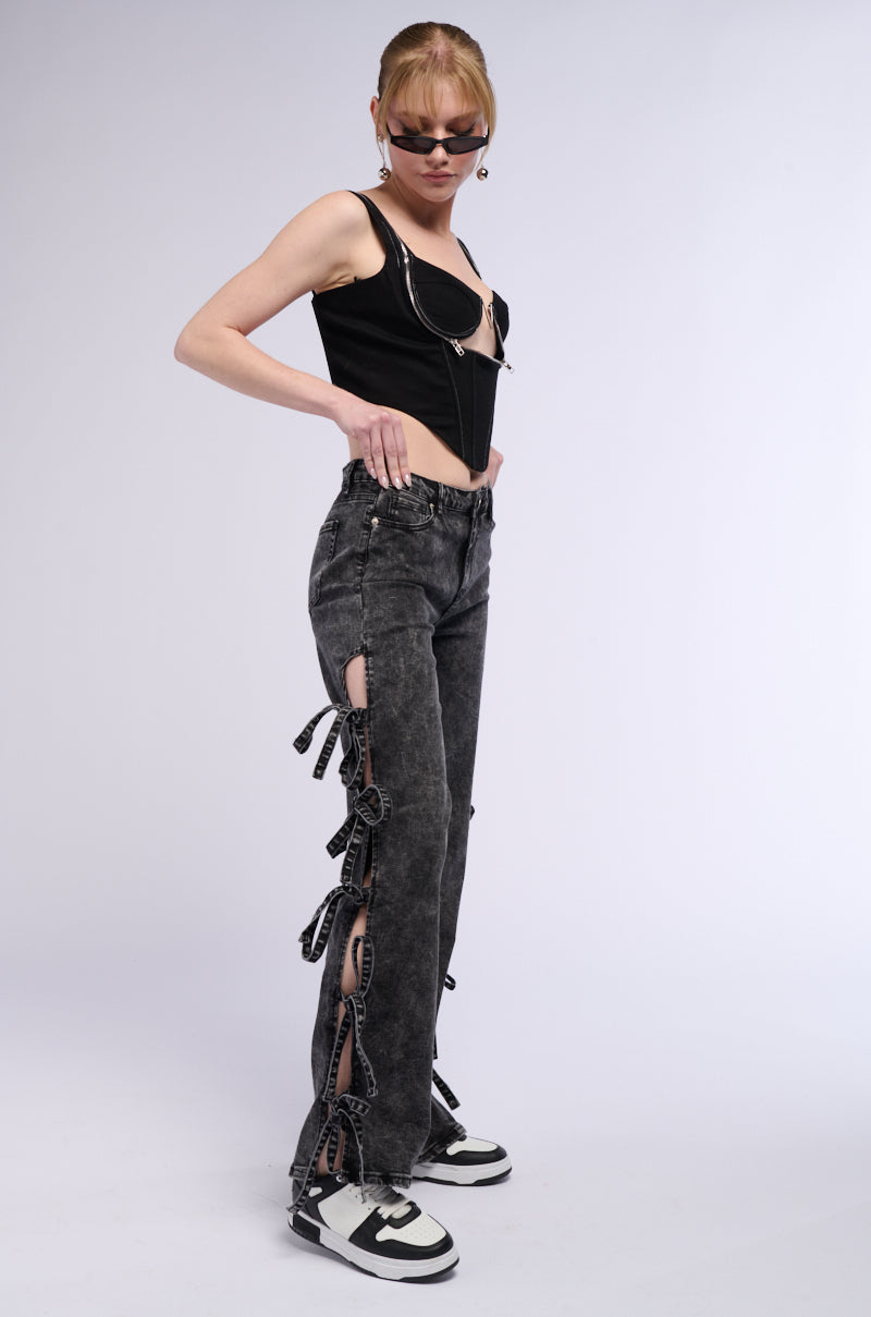 ACID WASH TIE UP SIDES STRAIGHT LEG JEAN