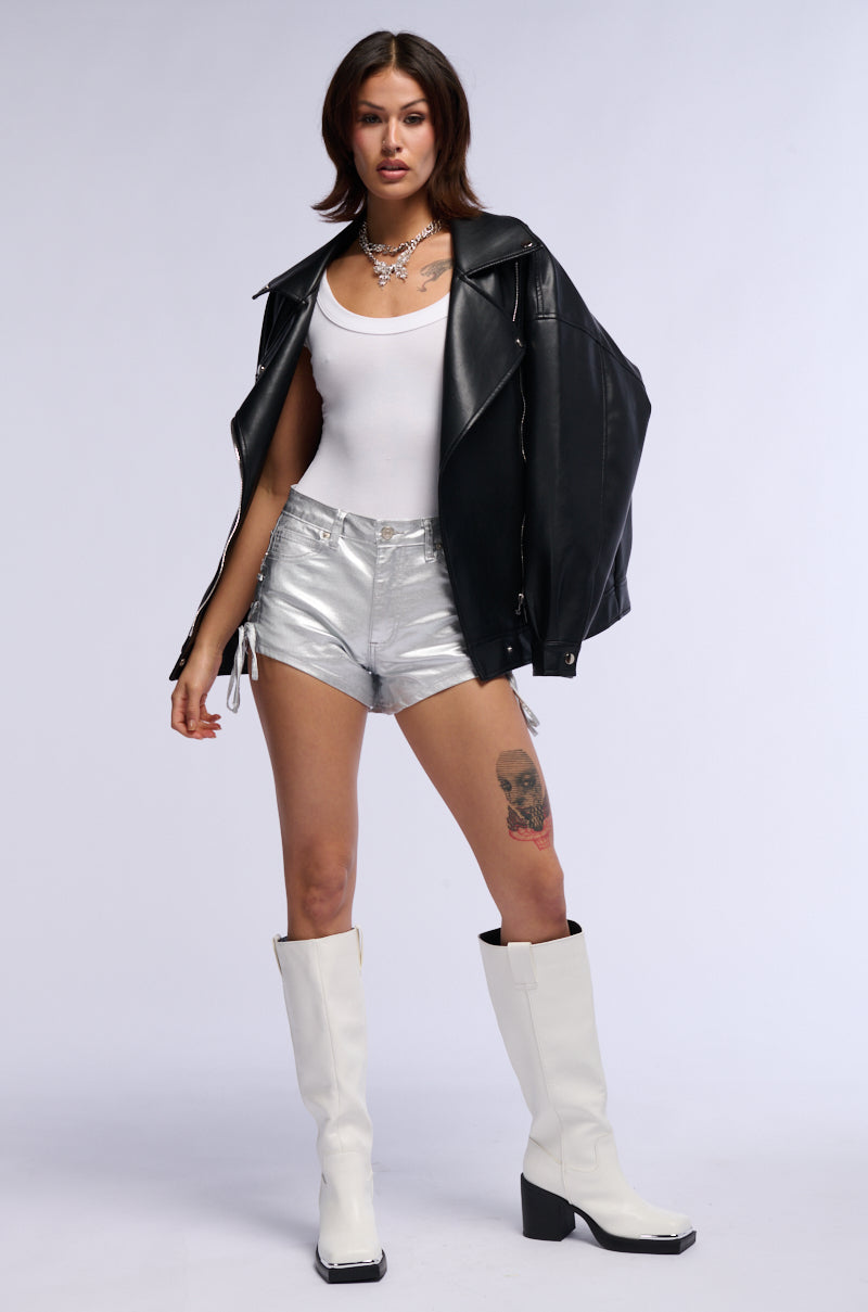ADRIANA LACE UP FAUX LEATHER SHORTS IN SILVER