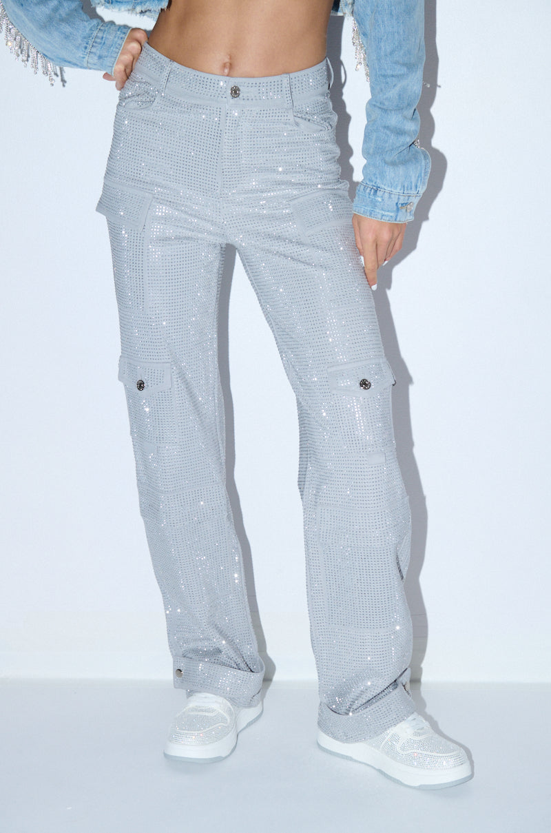 AMMO BONNE SOIREE RHINESTONE CARGO PANTS IN GREY