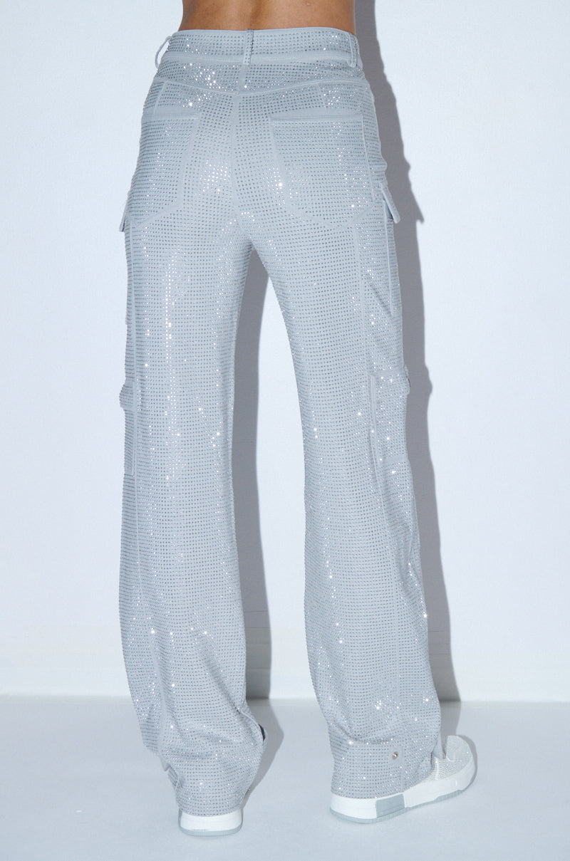 AMMO BONNE SOIREE RHINESTONE CARGO PANTS IN GREY