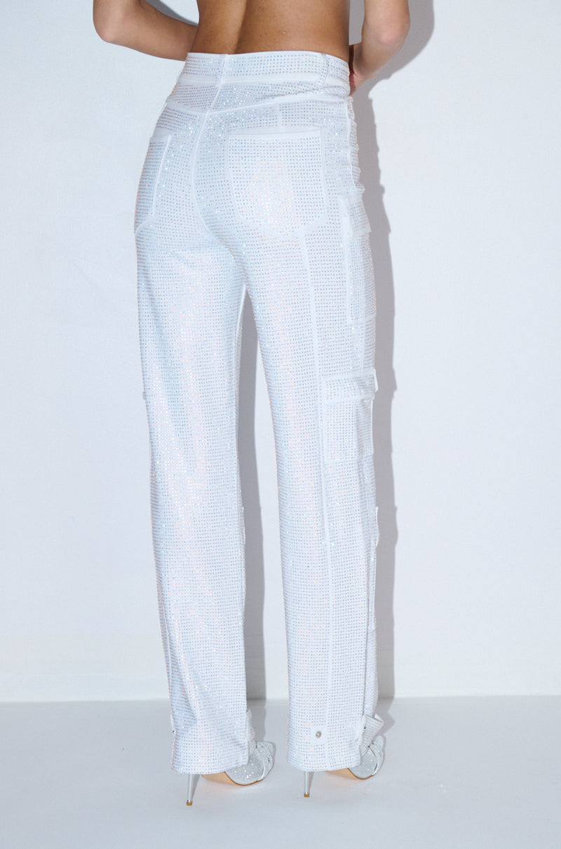 AMMO BONNE SOIREE RHINESTONE CARGO PANTS IN WHITE