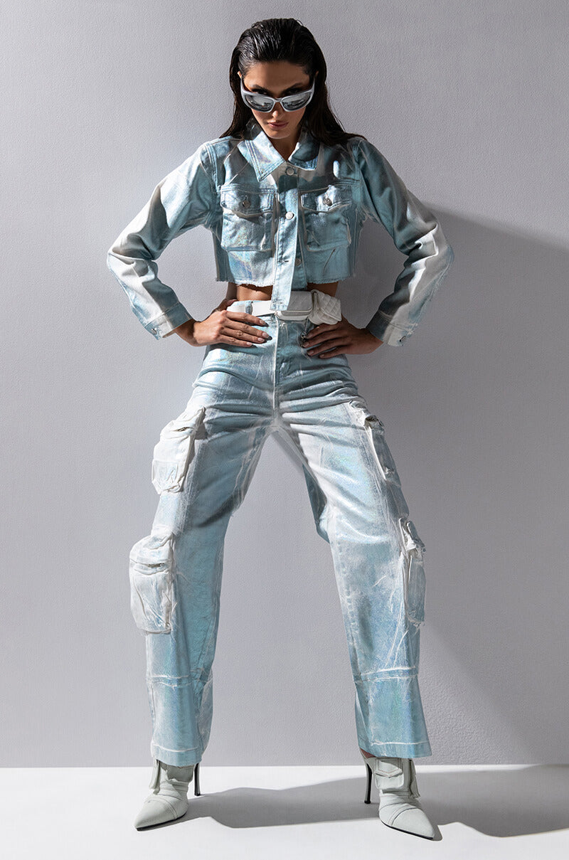 AUBREY BRUSHED METALLIC CROPPED DENIM JACKET