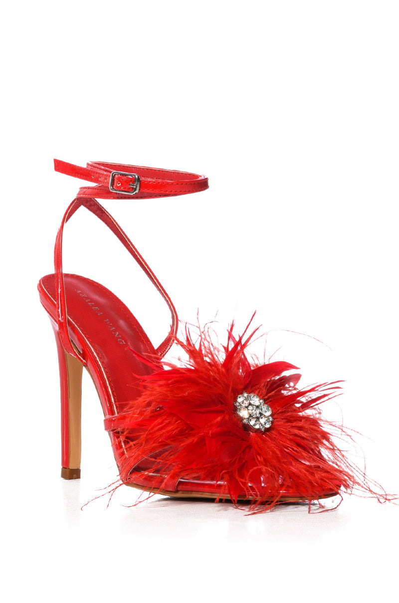 AZALEA WANG SANTOS FEATHER FLOWER DECOR SANDAL IN RED