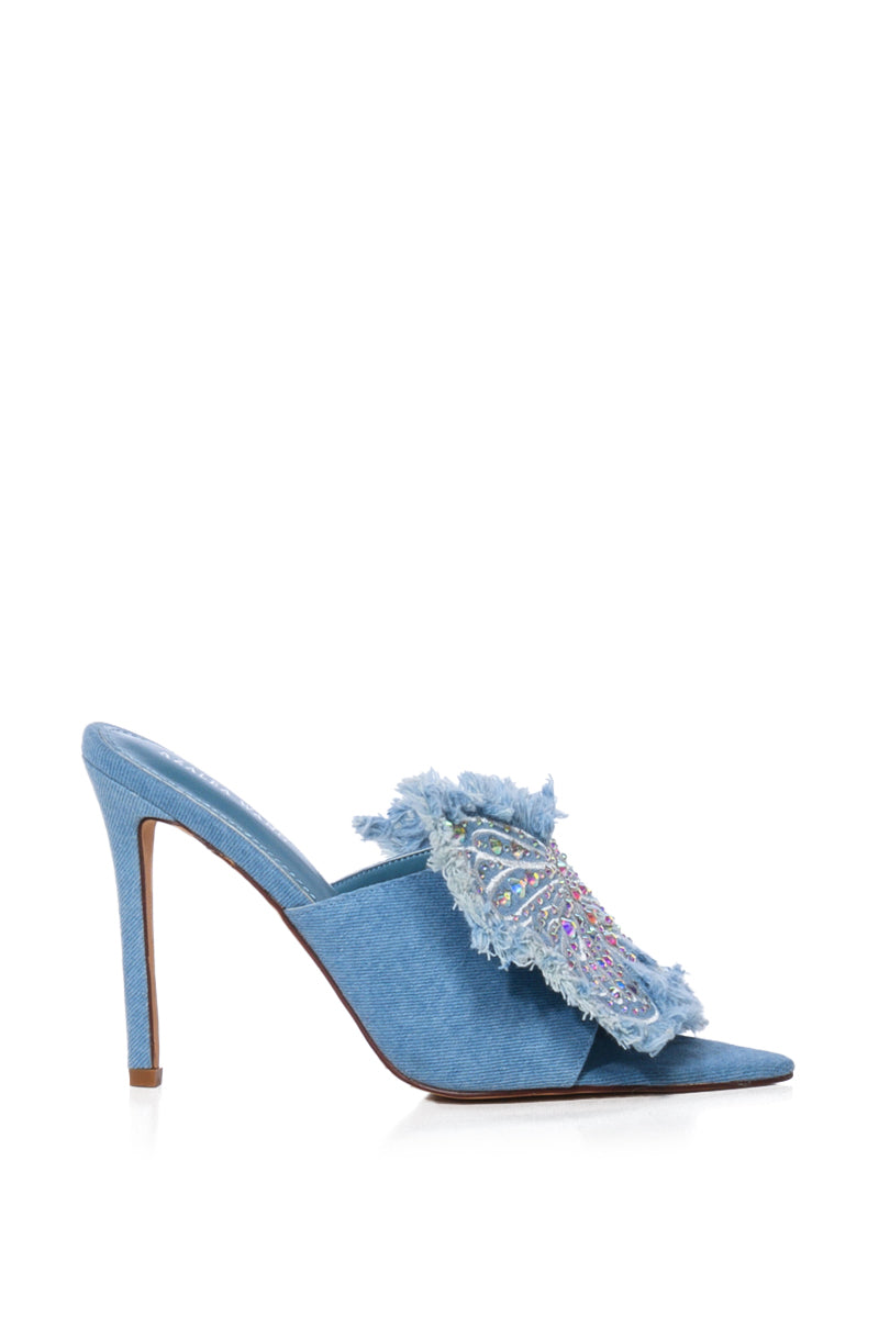 AZALEA WANG ALAYA EMBELLISHED BUTTERFLY STILETTO SANDAL IN DENIM