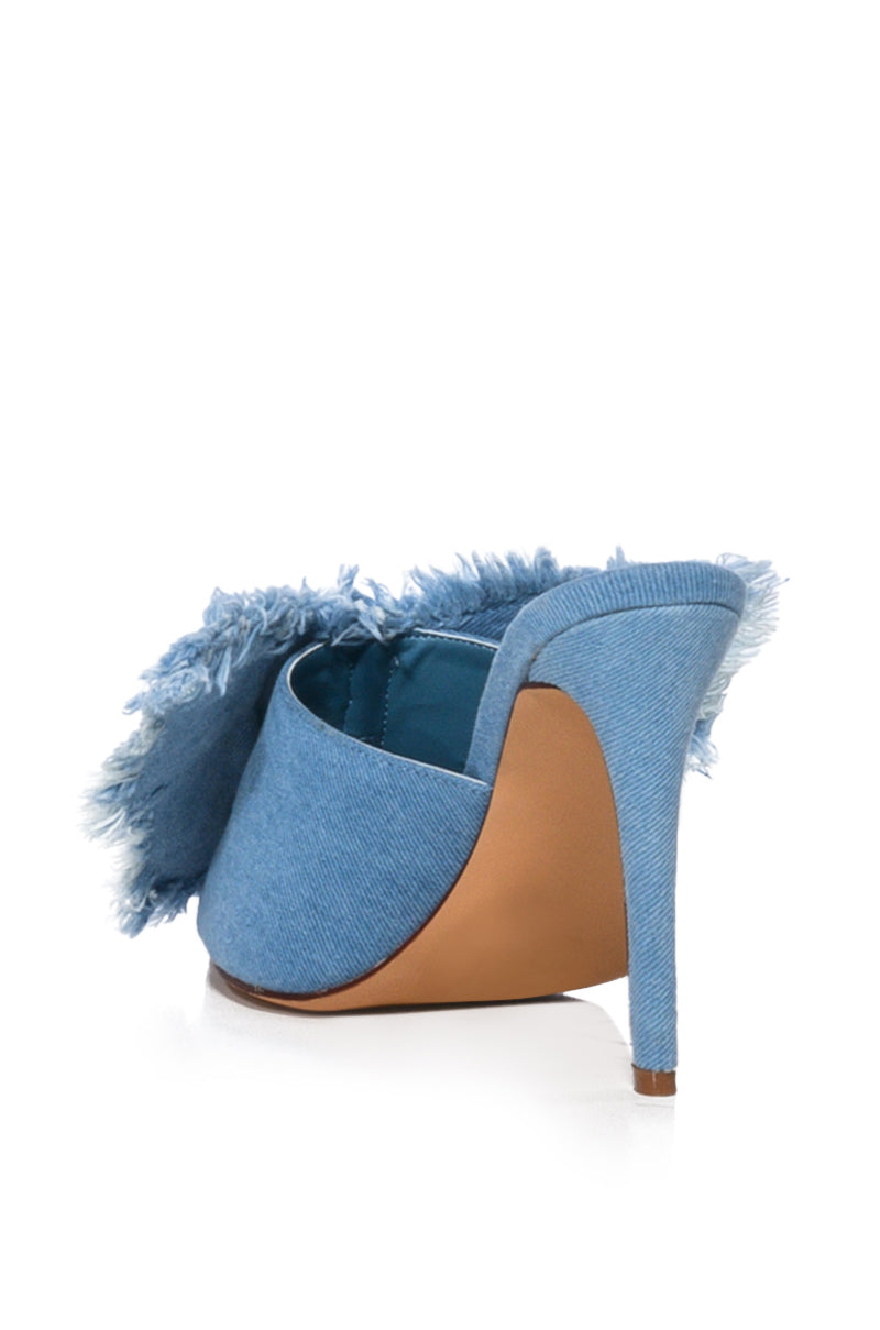 AZALEA WANG ALAYA EMBELLISHED BUTTERFLY STILETTO SANDAL IN DENIM