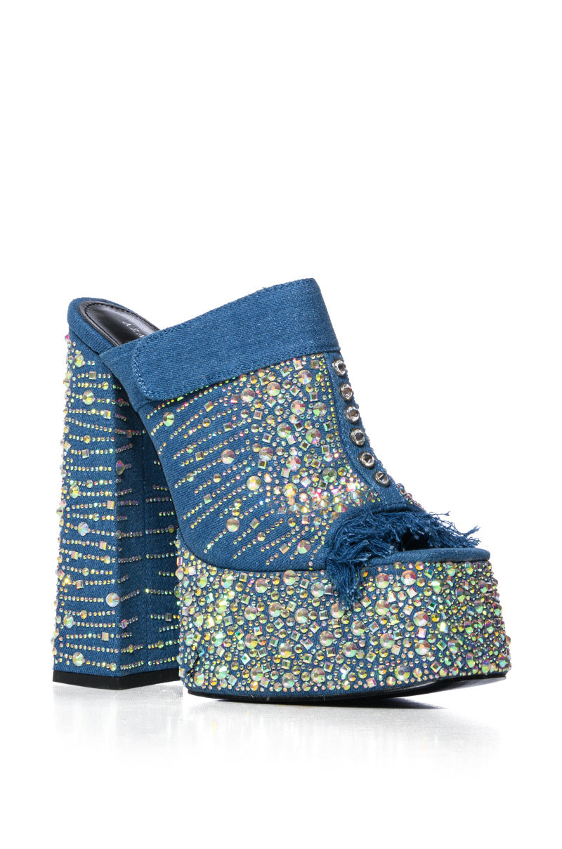 AZALEA WANG BALDY DENIM EMBELLISHED CHUNKY MULE