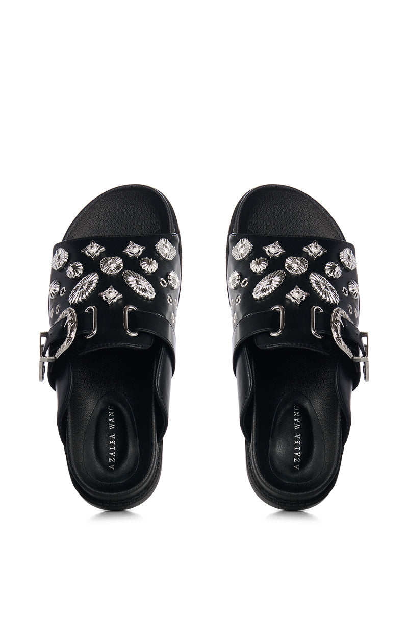AZALEA WANG CASSANDRA BLACK SILVER CHARM SLIDE ON SANDAL