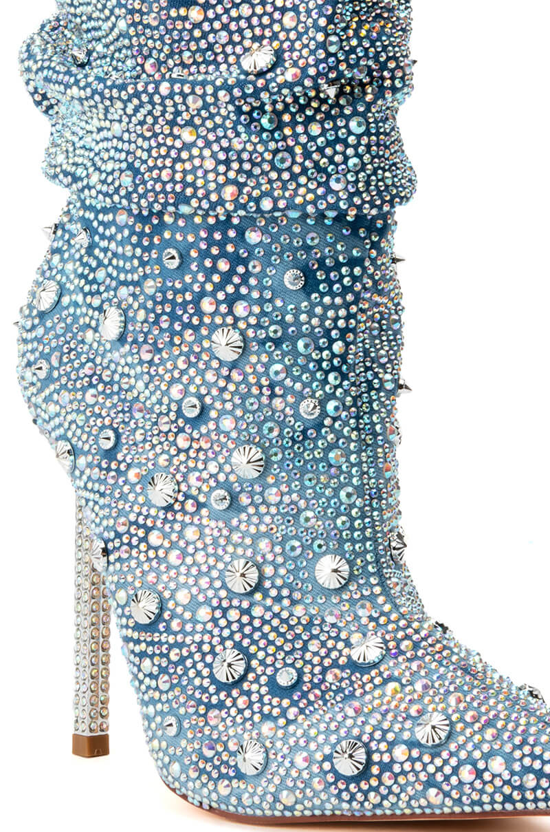 AZALEA WANG CHALLENGER BLING STILETTO BOOTIE IN DENIM