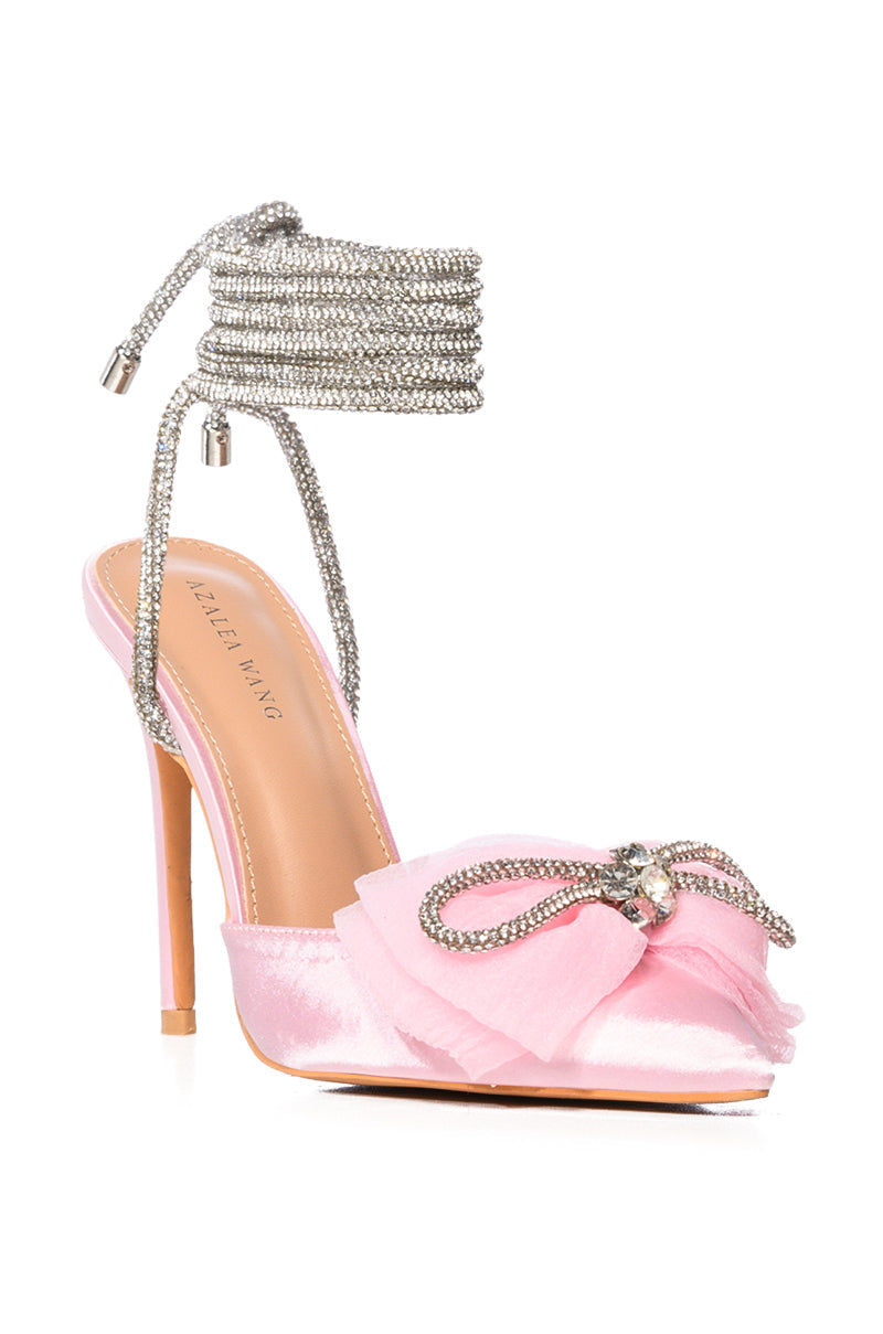 AZALEA WANG CHANTE EMBELLISHED LACE PUMP WITH BOW IN PINK