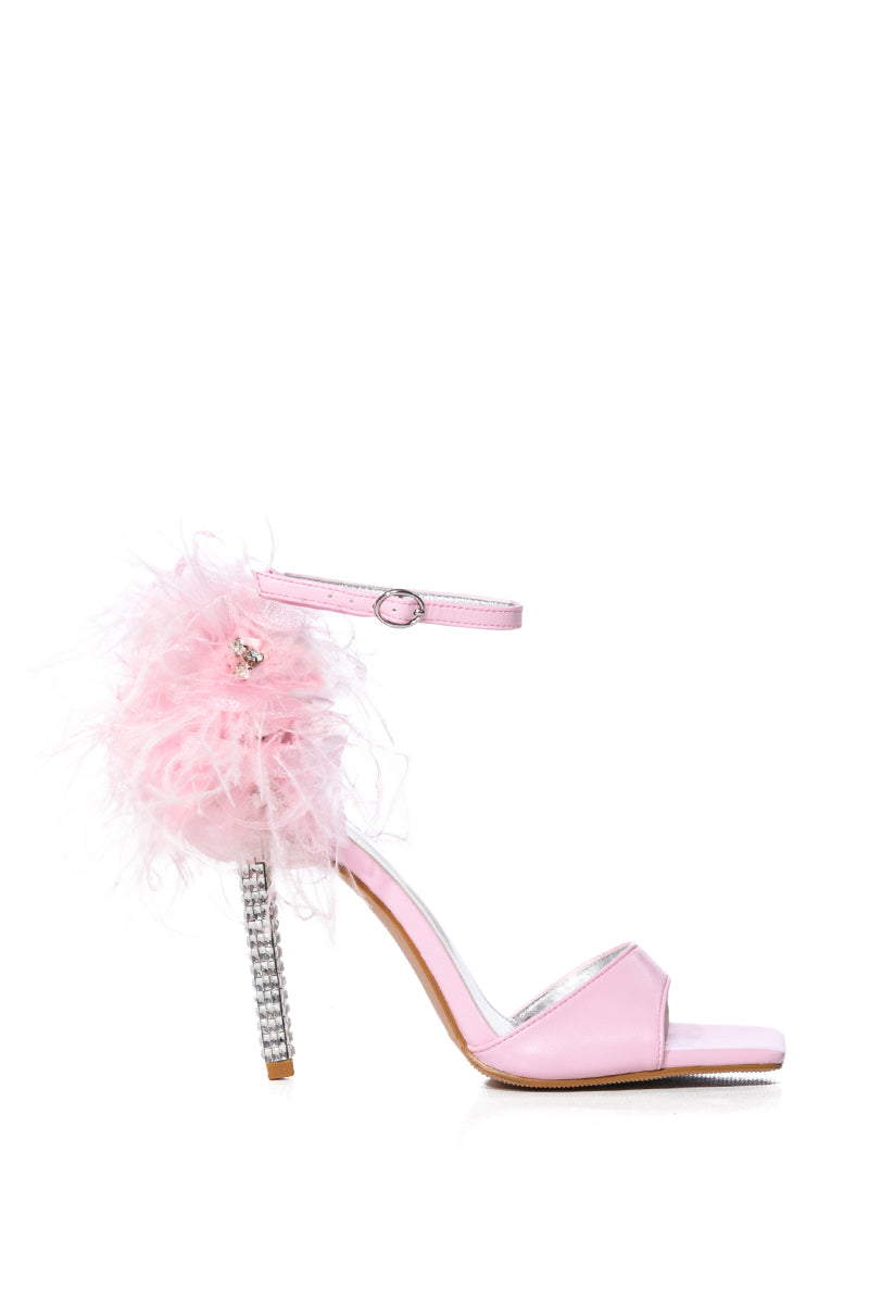 AZALEA WANG CLARICE FEATHER SANDAL WITH RHINESTONE STILETTO HEEL IN PINK