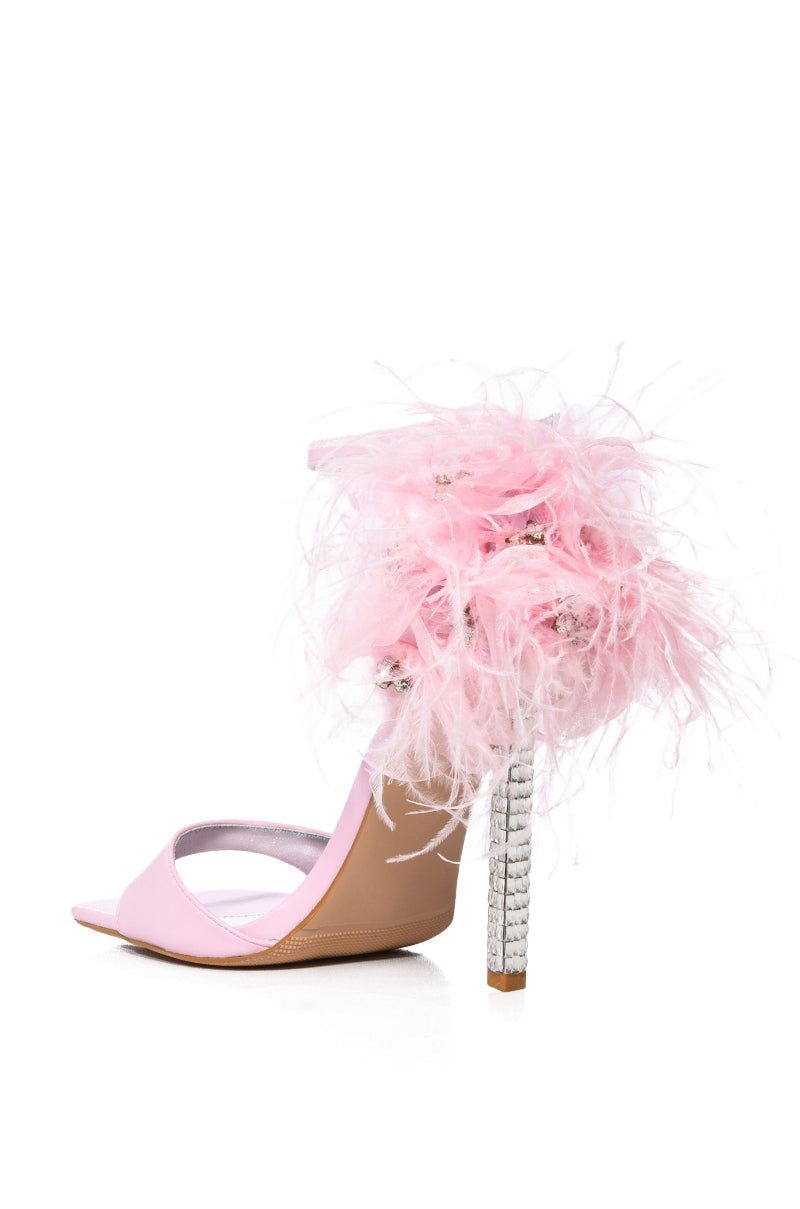 AZALEA WANG CLARICE FEATHER SANDAL WITH RHINESTONE STILETTO HEEL IN PINK