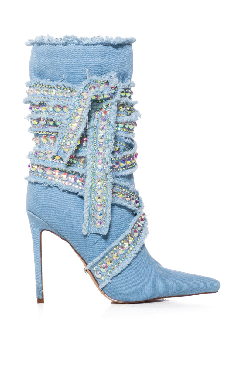 AZALEA WANG FINLAY DENIM BOOTIE WITH RHINESTONE WRAP