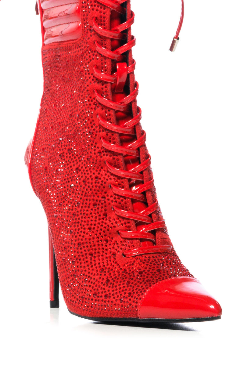 AZALEA WANG FIREFLAME EMBELLISHED BOOTIE IN RED