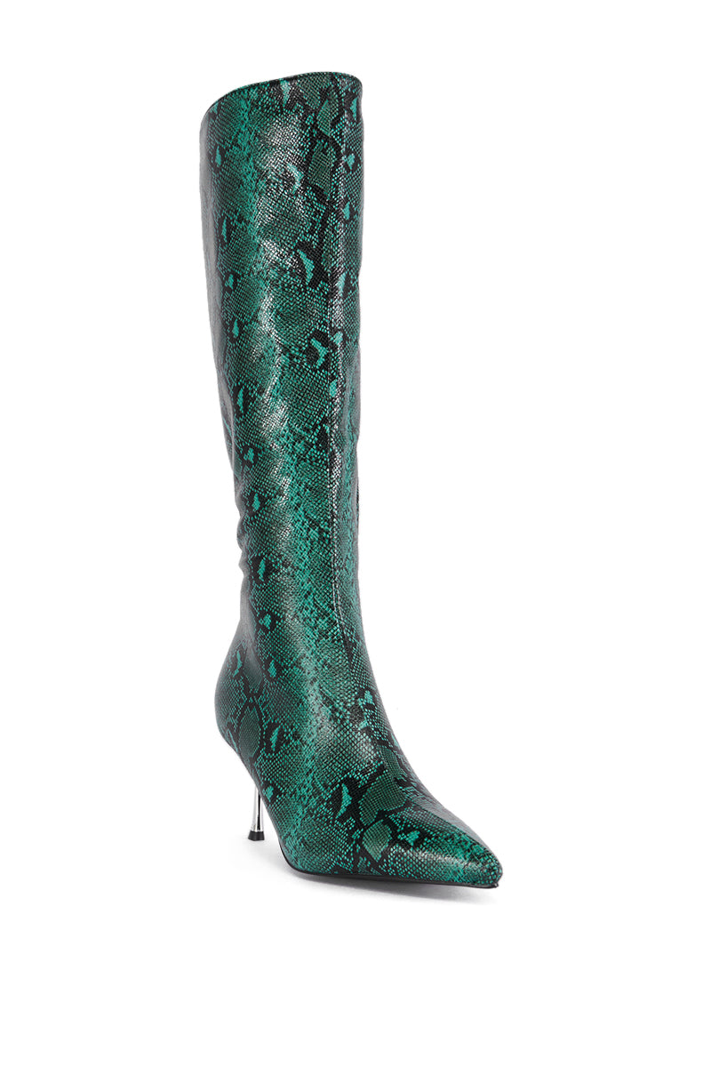 AZALEA WANG JACARANDA GREEN SNAKE EMBOSSED EMBELLISHED HEEL BOOT